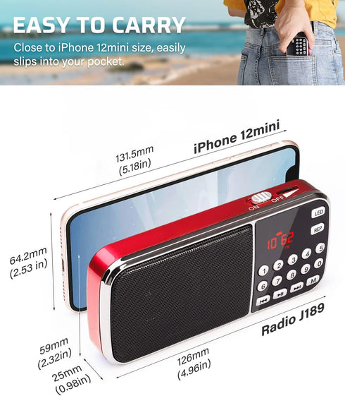 PRUNUS J-189 Bluetooth AM FM Radio, Small Portable Radio - Dual Speaker Heavy Bass, LED Flashlight, Pocket Size, TF Card USB AUX MP3 Player, Recha...