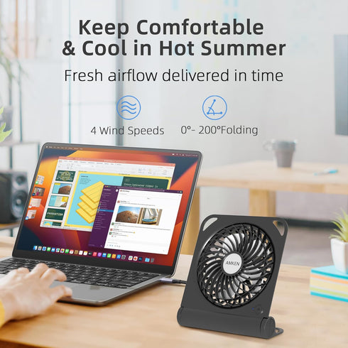AMKEN Small Table Fans - Powerful USB Fan Desk Fan 4 Speeds Adjustable - 200° Tilt Folding Quiet Operation for Office Bedroom Home Desktop Camping...