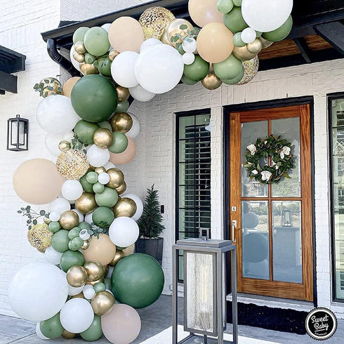 Sweet Baby Co. Sage Green Balloon Garland Arch Kit with Eucalyptus Olive, Peach, White, Gold Balloons and Greenery for Forest Safari Jungle Tropic...