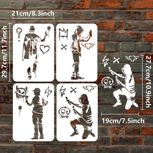 FINGERINSPIRE 4PCS Banksy Man with Doodel in Hat Painting Stencils 8.3x11.7inch Reusable Man with Doodle in Hat Stencils for Painting Large Street...