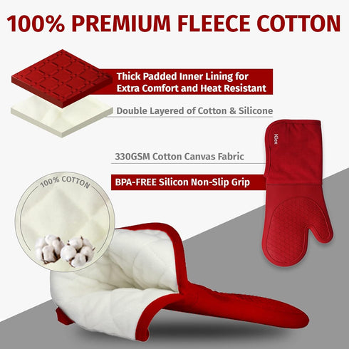 Klex Extra Long Silicone Oven Mitts, 932°F Degrees Heat Resistance with Quilted Cotton Liner Oven Gloves, 2 Piece Set, 15 inch, Red...