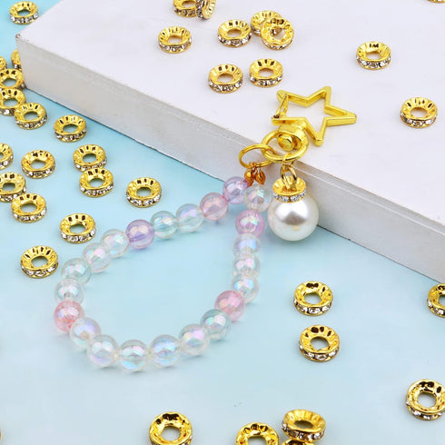 BronaGrand 100pcs 10 mm Golden Plated Rhinestone Spacer Beads Large Hole European Rondelle Beads Round Shiny Crystal Loose Beads for DIY Bracelet ...