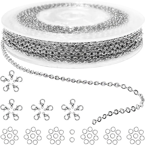 Jishi 33ft Silver Stainless Steel Chain 2mm Jewelry Necklace Link Cable Chain for Jewelry Making Bracelets Earring Craft Supplies DIY Findings - M...