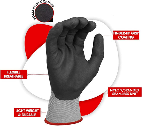 DULFINE Safety Work Gloves MicroFoam Nitrile Coated-3 Pairs Pack,Seamless Knit Nylon Glove with Black Micro-Foam Nitrile Grip,Ideal for General Pu...