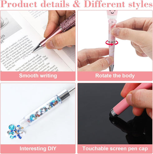 10 Pcs Pink Beadable Pen Bulk Diamond Rhinestone Beadable Pens 2 in 1 Stylus Bead Pen Empty Tube Floating DIY Pens Plastic Black Ink Ballpoint Pen...