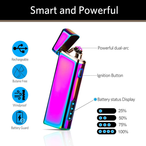 Electric Arc Windproof Plasma Lighter - USB Rechargeable, Upgraded Battery Indicator - Multichrome...
