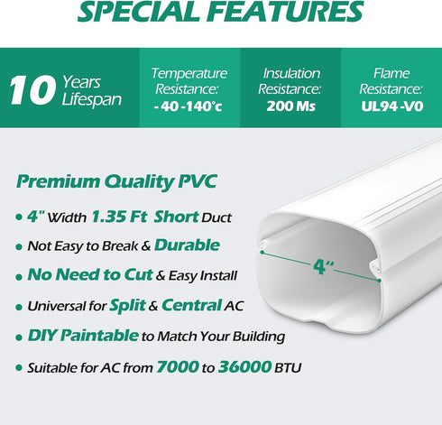 4" Width 1.35 Ft Short Straight Duct, Split Unit Line Cover Accessories for Ductless Mini Split Air Conditioners and Central AC...