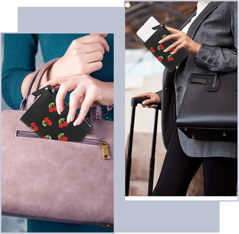 Women's Wallets, Short Cherry Embroidery Trend Ladies Small Wallets, Cute Small Wallets for Girls Leather Zipper Wallets (black)...