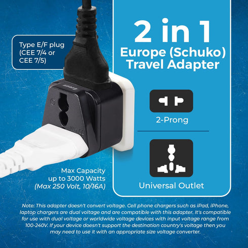 OREI European Adapter Plug, Travel Adaptor for Europe Schuko Countries 2 in 1, for Germany France Iceland Netherlands Russa Greece Spain - Safe Gr...