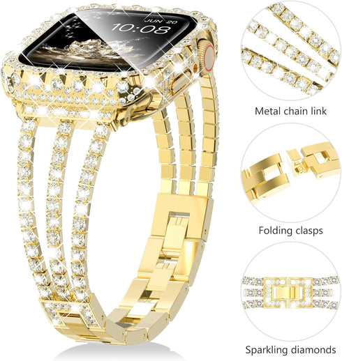 Surace Gold Apple Watch Bands 45mm for Women Series 9 8 7, Bling Diamond Rhinestone Link Bracelet with 2 in 1 Waterproof Bling Case Lace Edge Diam...