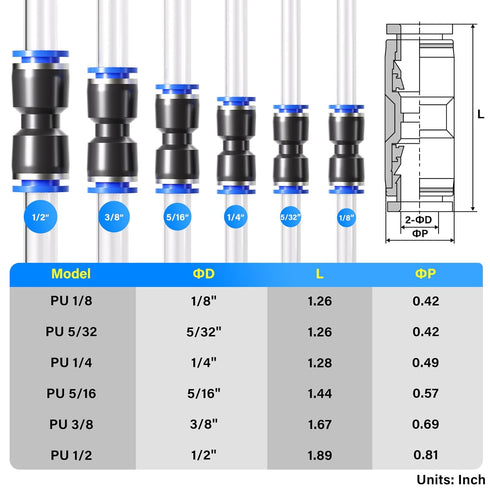 TAILONZ PNEUMATIC 60 pcs Straight Push Connectors Plastic Quick Release Connectors Air Line Fittings for 1/8 5/32 1/4 5/16 3/8 1/2Tube (2 Way)...
