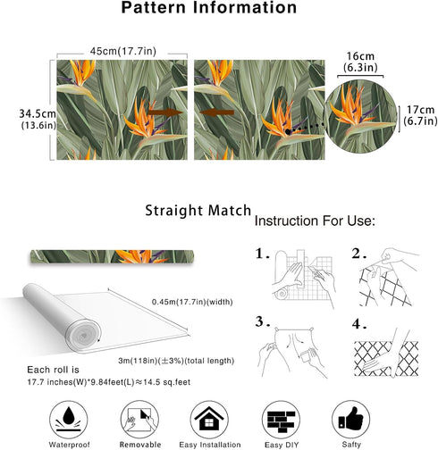 HAOKHOME 93375 Peel and Stick Wallpaper Tropical Florals Removable Stick on Contact Paper for Bedroom Green/Orange 17.7in x 9.8ft...