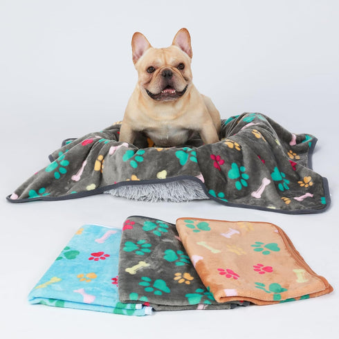 Luciphia 1 Pack 3 Blankets Fluffy Premium Fleece Pet Blanket Flannel Paw Printed Throw for Dog Cat(Small 23x16'', Grey/Brown/Blue)...