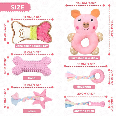 6 Pack Puppy Toys for Teething Small Dogs, Cute Pink Dog Chew Toys for Puppies, Soft Squeaky Dog Toys for Small Breed Cleaning Doggy Teeth, Outdoo...