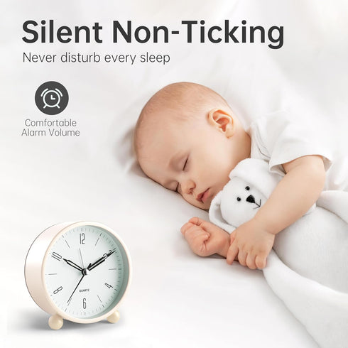 Analog Alarm Clock, 4 inch Super Silent Non Ticking Small Clock with Night Light, Battery Operated, Simple Design, Old Fashioned Style Cream Decor...