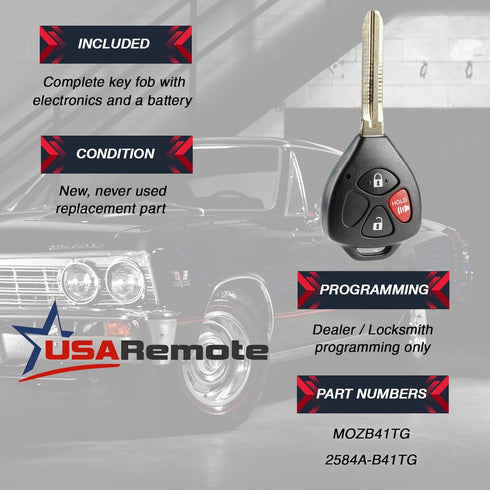 Car Key Fob Keyless Entry Remote fits Toyota 2007-2013 Yaris, 2005-2010 Scion TC (MOZB41TG, 2584A-B41TG)...