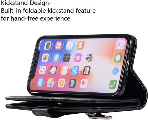 EYZUTAK Wallet Case for iPhone Xs iPhone X,Magnetic Handbag Zipper Pocket PU Leather Flip with 9 Card Slots and Wrist Strap Folio TPU Inner Stand ...