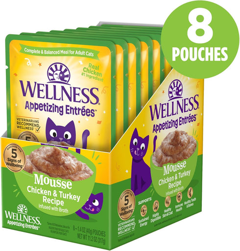 Wellness® Appetizing Entrées™ Mousse Chicken & Turkey Recipe Infused with Broth Natural Wet Cat Food, 1.4 oz Pouch (Pack of 8)...