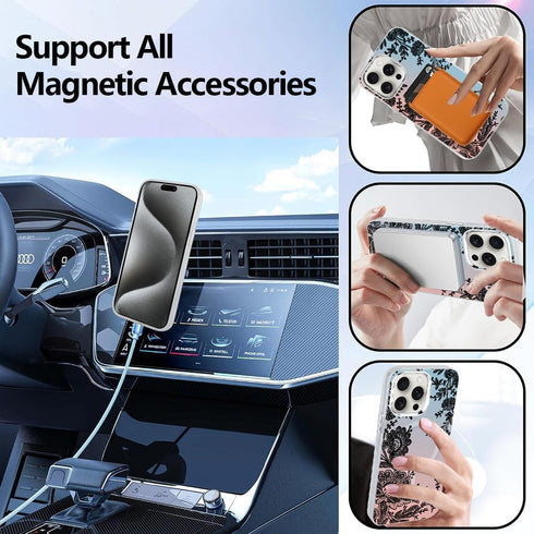 BITOBE Designed for iPhone 15 Pro Max Clear Case,Cute Aesthetic Black Flowers Magnetic Phone Case Compatible with MagSafe for Women Girls Men Came...