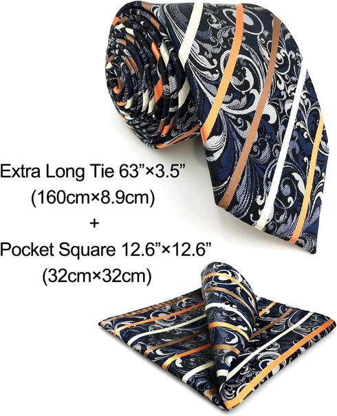 S&W SHLAX&WING Tie Sets for Men Dark Gray Neck Tie Brown Striped Extra Long Necktie with Pocket Square Set...