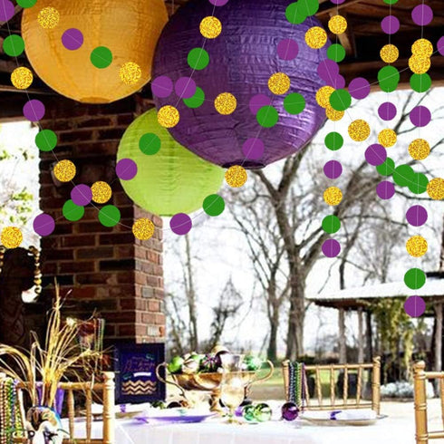 Decor365 Gold Purple Green Mardi Gras Decorations Glitter Dot Mardi Gras Garland Decor Circle Streamers Fat Tuesday Banner Carnival Themed Backdro...