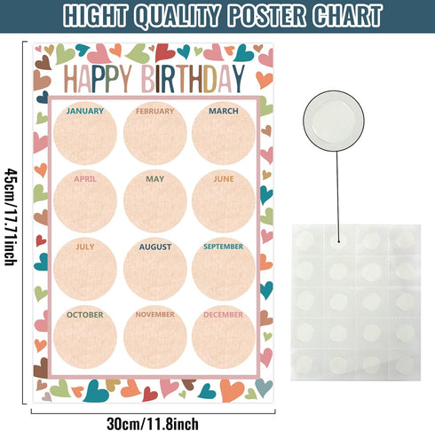 Happy Birthday Chart for Classroom, 2Pcs Boho Birthday Poster Decoration 17’’ x 12’’ Boho Birthday Cake Calendar Cutouts for School Bulletin Board...