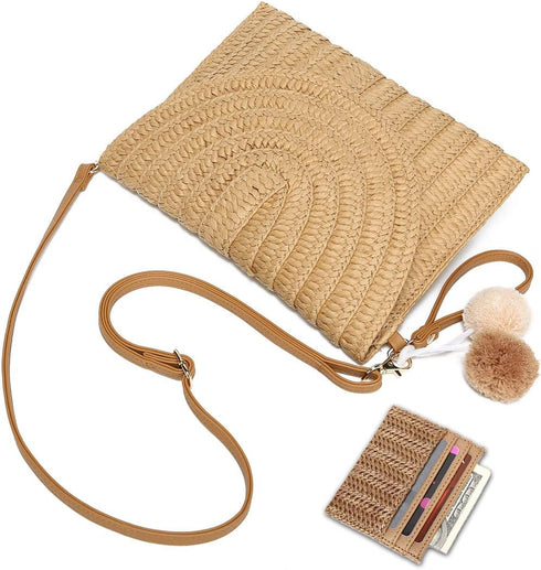 YIKOEE Straw Bag and Card Holder Set for Women Summer Beach Purse Woven Bag With PomPom...
