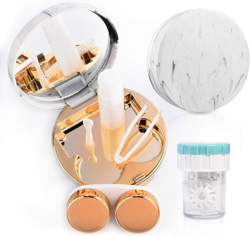 Contact Lens Travel Kit with Cleaner Washer, Portable Contact Box with Mirror Tweezers Remover Tool Solution Bottle for Daily Outdoor (Golden)...