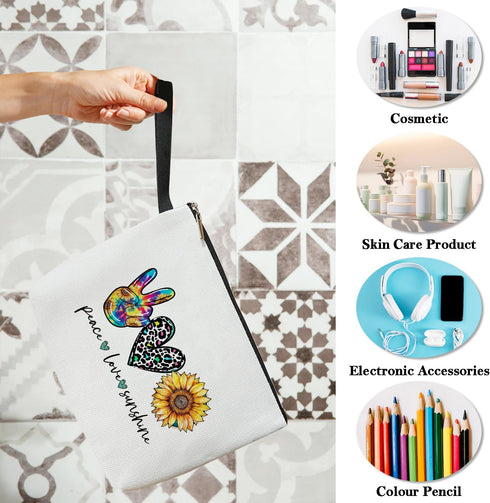 Peace Love Cosmetic Bag for Women Friends Accessories Organizer, Travel Essentials Purse Toiletry Pouch Makeup Bag with Zipper(Peace Love sunshine...