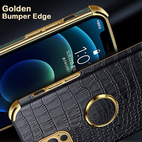 aowner Compatible with iPhone 12 Pro Max Ring Holder Case Luxury Crocodile Cover Gold Edge 360 Degree Rotation Stand for Women Girls Slim Leather ...