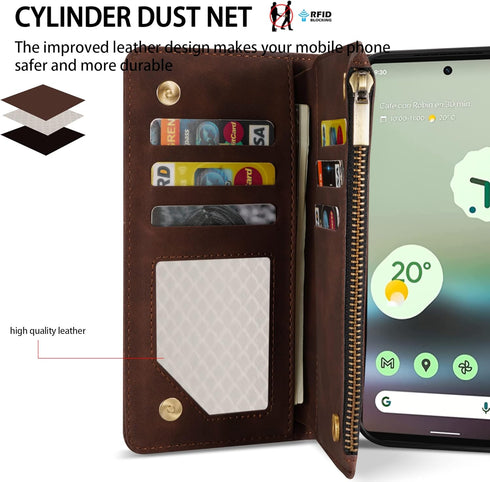 ZZXX for Google Pixel 6A Case Wallet with RFID Blocking Card Slot Premium Soft PU Leather Zipper Flip Folio with Wrist Strap Kickstand Protective ...