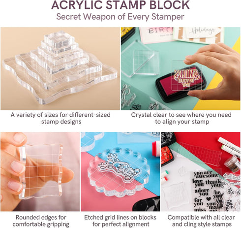 7 Pieces Acrylic Stamp Block Clear Stamping Tools Set with Grid Lines for Scrapbooking Crafts Card Making,Clear Acrylic Stamp Block Kit with Grid ...