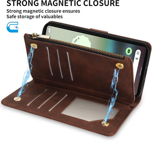 ZZXX for Google Pixel 6A Case Wallet with RFID Blocking Card Slot Premium Soft PU Leather Zipper Flip Folio with Wrist Strap Kickstand Protective ...