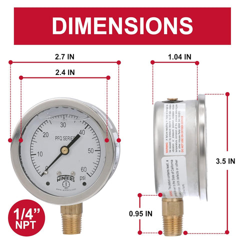 Winters 2-1/2" Dial Size, Liquid Filled Industrial Pressure Gauge, Brass Internals, 304 Stainless Steel Case, Single Scale 0-60 psi, 1.5% Acc, 1/4...