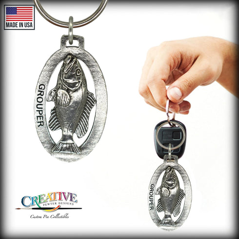 Grouper Keychain, Pewter, S070KC, 2”, 100% Handmade in the USA, Fish Keychain, Saltwater Key Chain, Seabass Key Ring, Key Fob, Fishing Gift, 200 F...