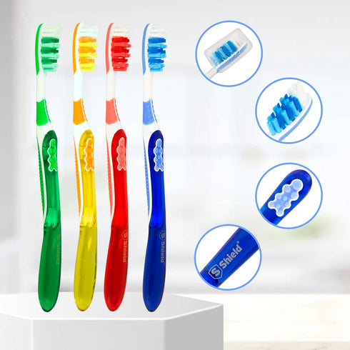 Toothbrush Dual Pro with Multi-Level Filaments, Anti-Slip Grip (Expert Care - Medium Bristles) Adults - Yellow, Red, Blue, Green - 8 Count (Pack o...