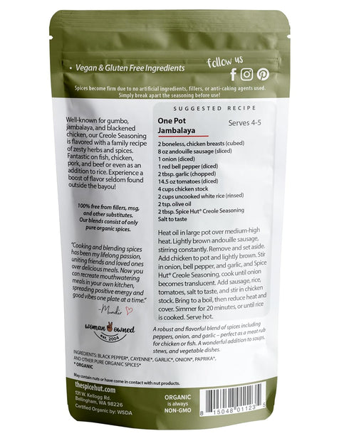 Spice Hut - Creole Seasoning Organic, Salt-Free, Louisiana Dry Rub Spice Mix for Cooking Flavorful Jambalaya, Gumbo, BBQ, Southern-Style Food / Al...