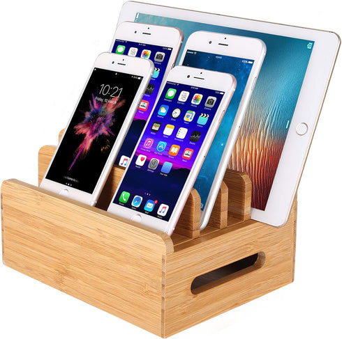 Bamboo Wood Multi-Device Desktop Dock Station Charger Holder Charging Cradle Charge Stand Compatible for iPhone 13 12 11 Pro Max XS XR X 8 7 Plus ...