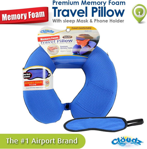 Cloudz - Memory Foam Neck Pillow with Sleep Mask: Sporty Blue/Black Plush...