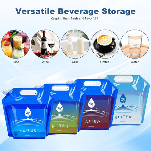 Water Container Bags, 4 Packs BPA Free No-Leak Foldable Plastic 1.3 Gallon Water Container Bag for Camping Hiking Backpack Emergency Storage Jug...