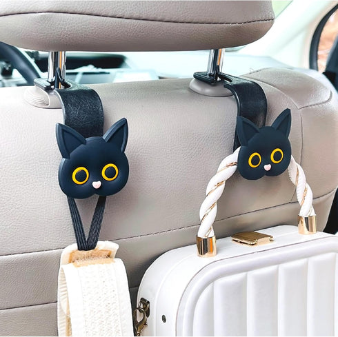 Car Seat Headrest Hooks - Cute Cartoon Cat Hook Vehicle Hanger for Purses, Bags, Coats, Umbrellas Holder (2pc Black)...