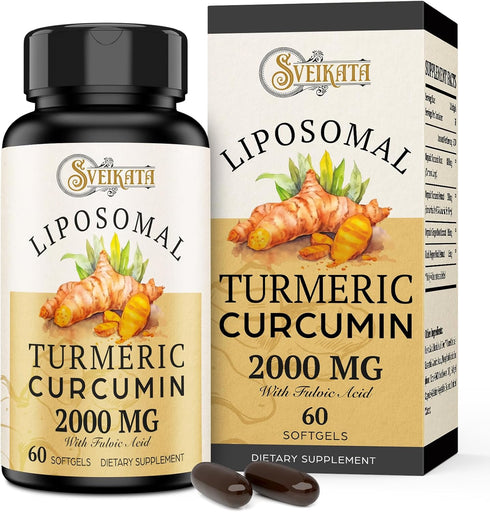 Liposomal Turmeric Curcumin Supplement 2000mg, 95% Standardized Curcuminoid Extract & Organic Root Powder with Piperine Black Pepper Fruit (15mg),...