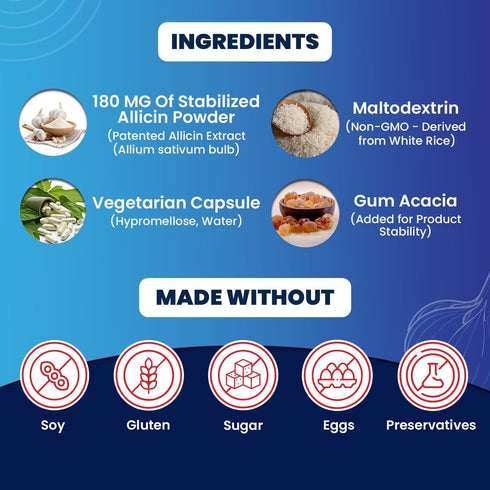 100% Pure Stabilized Allicin from Garlic Odor-Controlled | 180,000mcg (180mg) Vegetarian (vCAPS) Non-GMO, Gluten-Free | Derived from Allium Sativu...