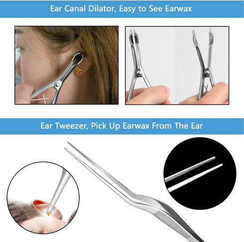 Earwax Removal Kit 5 Pcs, Ear Wax Cleaning Tool Set, Ear Pick with LED Light USB Charging, Stainless Steel Ear Curette, Earwax Tweezer, Ear Canal ...
