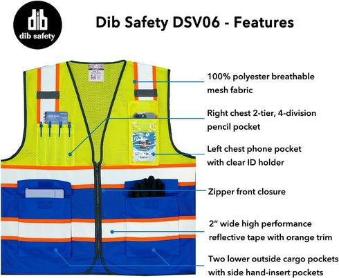 Reflective Mesh Vest High Visibility Two Tone with Pockets and Zipper, Yellow and Blue Mesh with Orange Trim M...