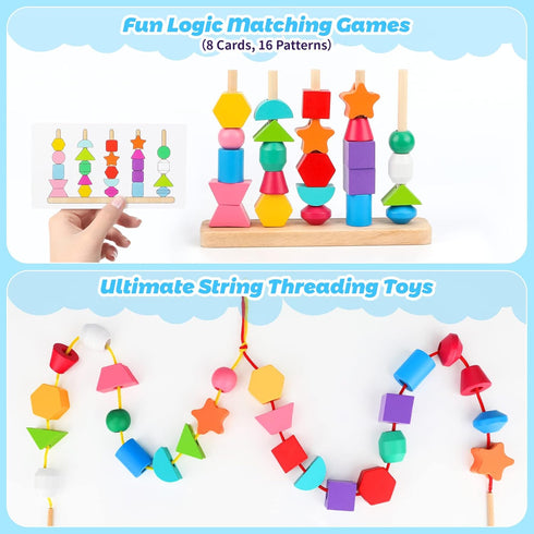 Montessori Wooden Beads Sequencing Toy Set, Stacking Blocks & Lacing Beads & Matching Shape Stacker for 2 3 4 5 Year Old STEM Preschool Learning M...