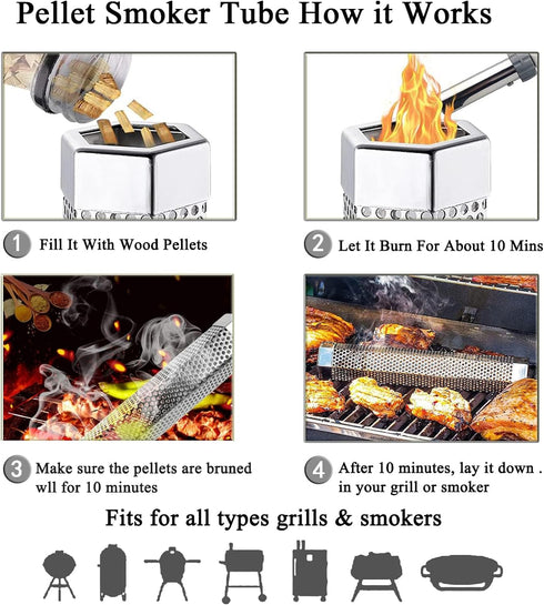 Pellet Smoker Tube 12in Stainless Steel BBQ Smoke Tube for Hot or Cold Smoking 5 Hours of Billowing smoke,Stainless Steel Pellet Smoker Tube for A...