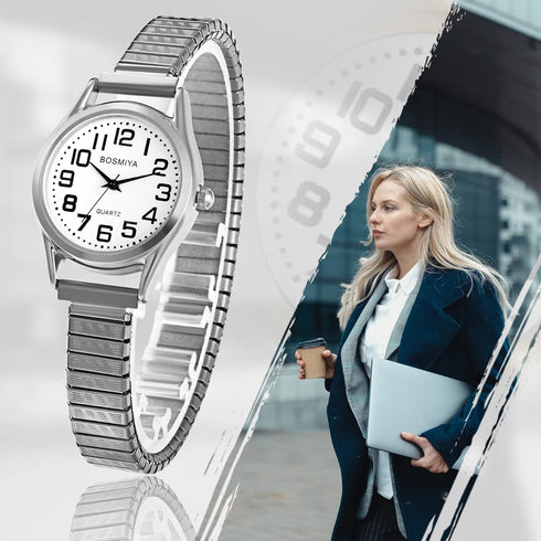 Womens Watch Ladies Wristwatch: Women Silver Stretch Band White Dial Thin Watch Girls Eazy Reader Waterproof Watch Elderly Wrist Watch Mujer Reloj...