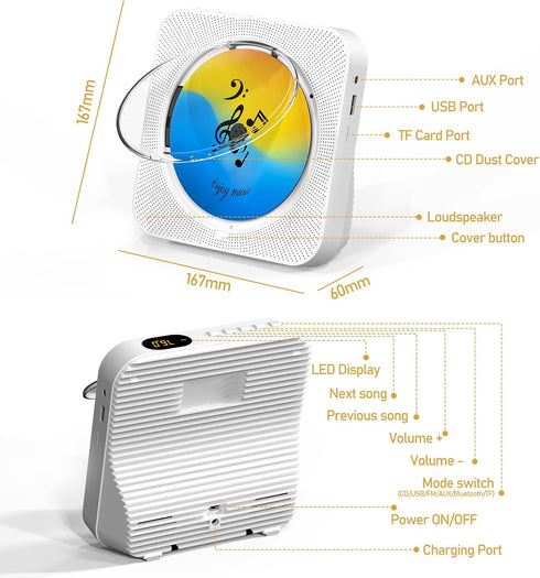 CD Player Portable with Bluetooth 5.1 Transmitter and Reciever Desktop CD Player with HiFi Sound Speakers,Remote Control,Dust Cover,LED Display,Bo...