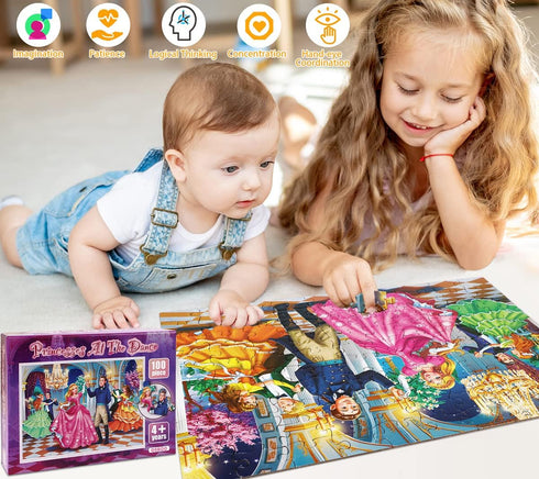 Jigsaw Puzzles for Kids Ages 4-8, 6-8, 8-10 - Princesses at The Dance - 100 Piece Princesses Puzzles for Children, Learning Educational Toys for 4...